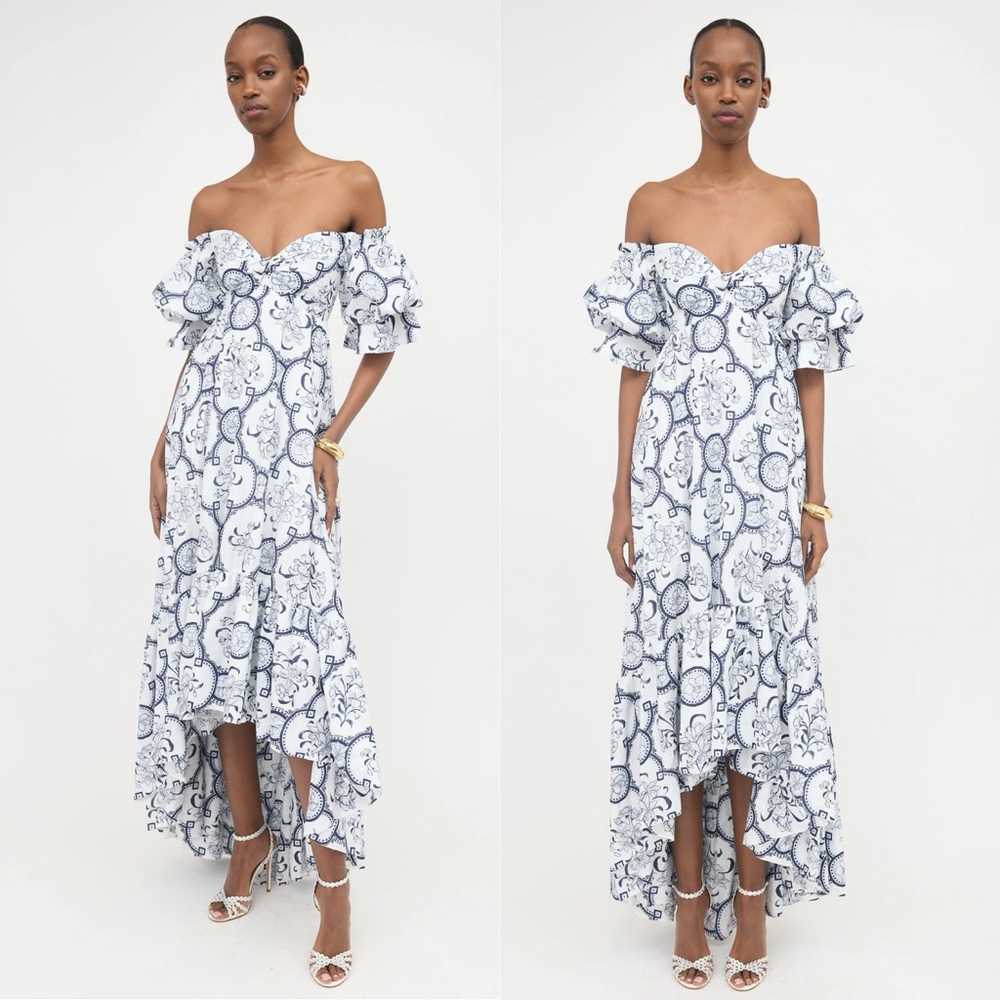 Andres Otalora Raquira Off-Shoulder Floral Tile Maxi Dress Blue White Size 4 - Picture 1 of 12